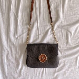 Michael Kors Brown Logo Leather Gold Chain Small Crossbody